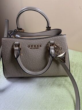 GUESS Neutral Taupe Embossed Logo Satchel with Gold Hardware